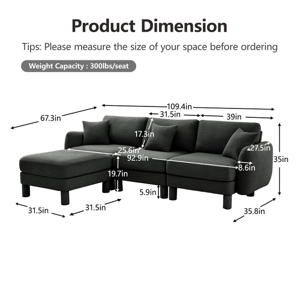 English Elm Boucle Fabric Convertible L-Shaped Sectional Sofa With Shell Armrests & Removable Ottoman, Dark Grey W3041S00301