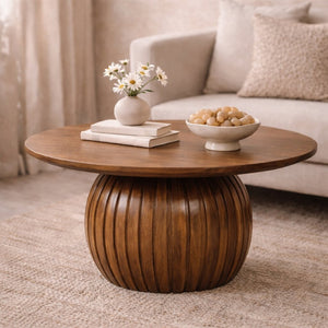 English Elm Solid Wood Handcrafted Round Fluted Coffee Table for Modern Living Rooms B182P490937