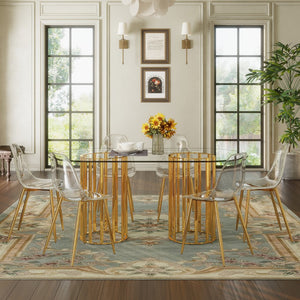 English Elm Table and Chair Set Oval Tempered Glass Top Gold Base with 6 Acrylic Seats W1151S04730