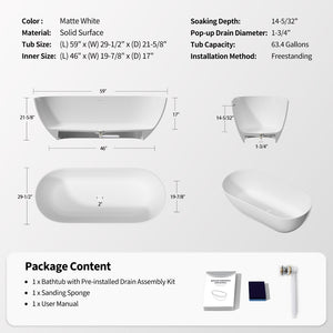 English Elm 59" Stone Resin Freestanding Soaking Tub Spa Grade Oval Design for Modern Baths Matte White W1920P410063