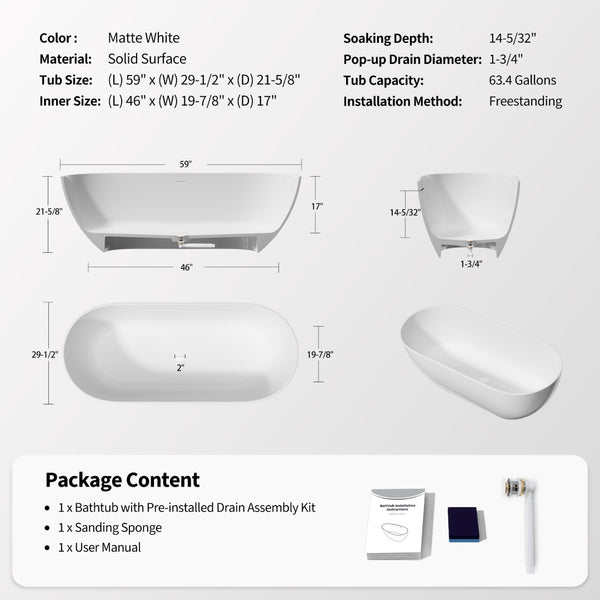 English Elm 59" Stone Resin Freestanding Soaking Tub Spa Grade Oval Design for Modern Baths Matte White W1920P410063