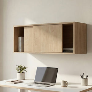 English Elm Note Floating Wall Cabinet with Sliding Doors Slim Mounted Storage for Any Room Natural Wood B070P462899