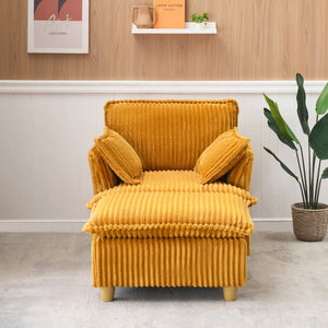 English Elm This single-seat corduroy sofa with ottoman and pillows — compact lounge chair for cozy reading nooks and naps Yellow W1658S00121