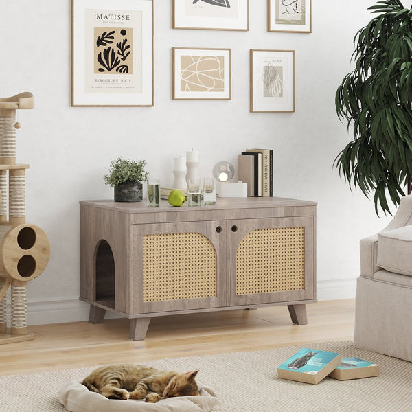 English Elm Flip Top Hidden Cat Litter Box Enclosure with Rattan Doors, Flip-Top Access, Odor Control, Stylish Table Ready Grey T3623P354970
