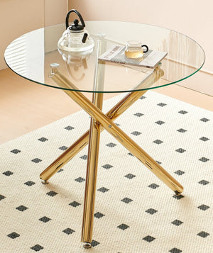 English Elm Golden Metal Base Square Tempered Glass Dining Table for Small Space Apartments W234P185626