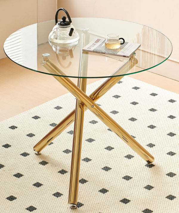 English Elm Golden Metal Base Square Tempered Glass Dining Table for Small Space Apartments W234P185626