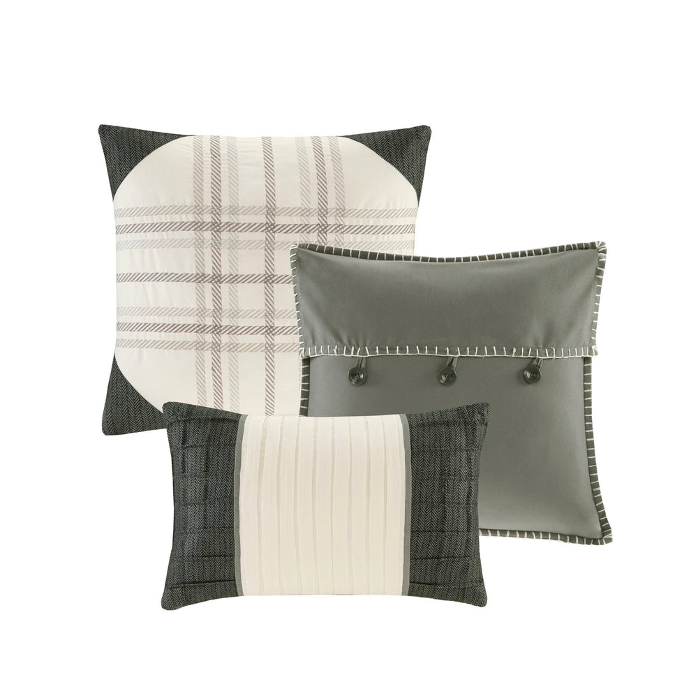 JLA Home Madison Park - 6 Piece Printed Herringbone Quilt Set with Reversible Buffalo Plaid, Hand-Stitched Pillows for Cabin Charm Grey MP13-4682