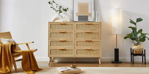English Elm Bedroom 8-Drawer Dresser With Rattan Fronts – Stylish Storage For Kids’ Rooms & Living Spaces W1162P190402