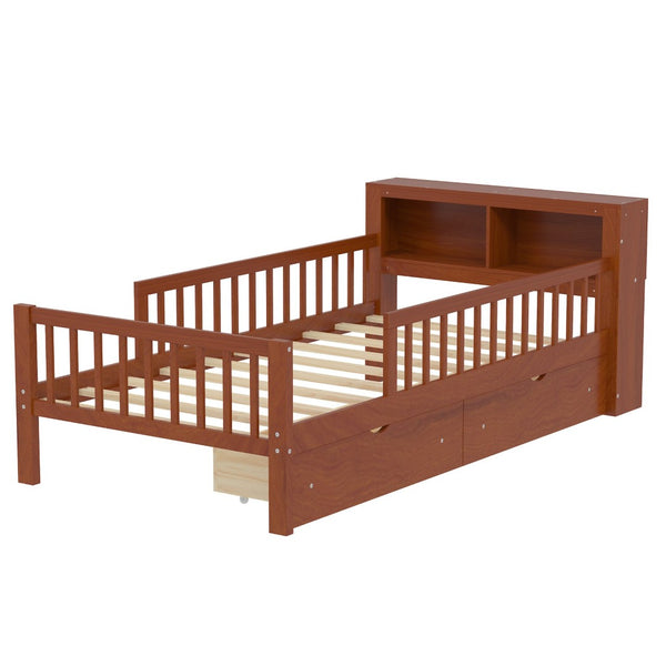 English Elm Twin Bed With Walnut Finish, Headboard Storage, Two Under-Bed Drawers & Safety Guardrails For Kids N733P272374D-GIGA