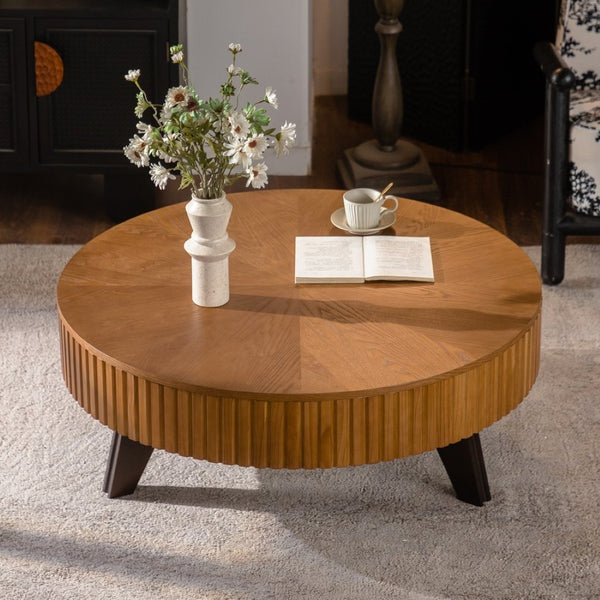 English Elm 39.37" Round Retro Coffee Table Solid Wood Legs Lower Shelf Natural Living Room W757P370275