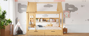English Elm Full House Solid Wood Platform Bed with Window Roof, Under-Bed Drawers & Shelves for Kids' Rooms Natural W1580S00268