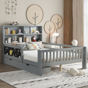 English Elm Full Solid Wood Platform Bed with Chalkboard Headboard, Storage Drawers & Shelves, Kid-Friendly White Gray W1580P362710