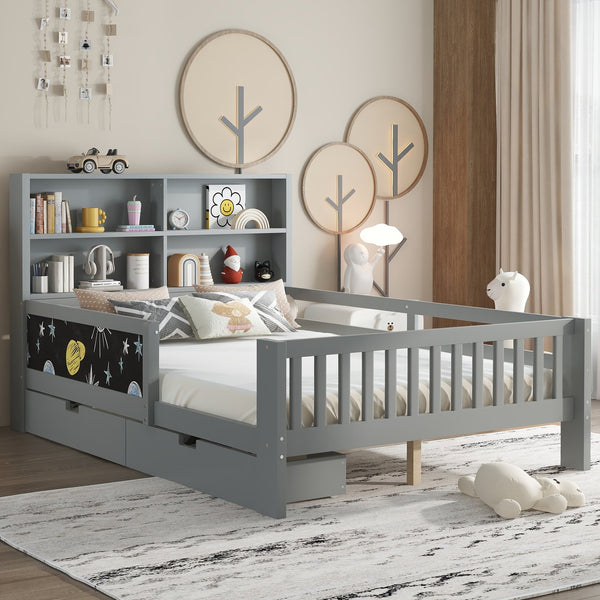 English Elm Full Solid Wood Platform Bed with Chalkboard Headboard, Storage Drawers & Shelves, Kid-Friendly White Gray W1580P362710