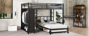 English Elm Queen Over Twin Bunk Bed With Wardrobe, Trundle, Foldable Desk & Noise-Reducing Design In Black W1580S00137-GIGA