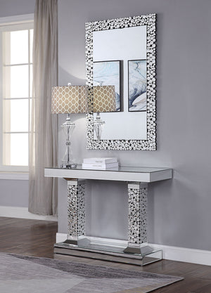 English Elm Lachina Mirrored Console Table with Faux Gem Inlay — Glam Silver Accent, Tempered Glass Top, Durable MDF Finish B2726S00032
