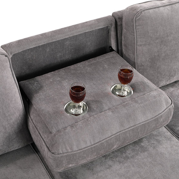 English Elm Upholstery Grey Sectional Sofa Bed with Storage Chaise, Built-in USB, Cup Holders, Chenille Comfort W1099S00151