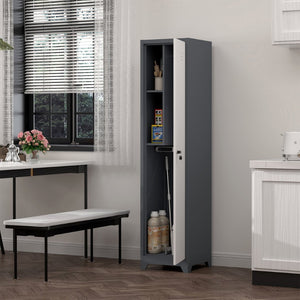 English Elm Metal Slim Broom Cabinet Lockable Steel Storage Unit with Hooks for Utility Spaces T3625P448064