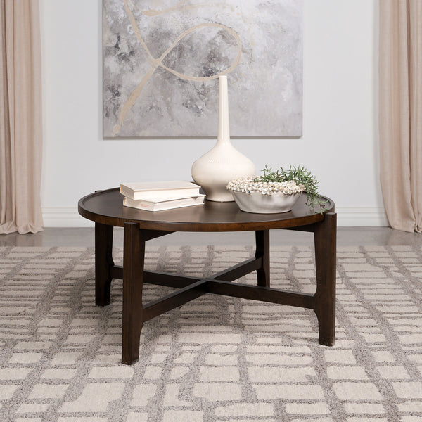 English Elm Mavis Rustic Dark Brown Round Solid Wood Coffee Table with Recessed Top & Crossed Legs, Durable Centerpiece B062P299905