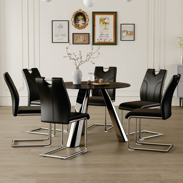 English Elm Table Set: Modern 7-Piece Dining Ensemble With 42-Inch Round Sintered Stone Top & 6 Ergonomic Chairs W2920S00018-GIGA