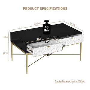 English Elm Modern Black and White Coffee Table with 2 Drawers Scottie Dogs Pattern, Sturdy MDF, Waterproof Top, X-Leg Stability, Adjustable Feet and Hidden Storage T3609P347453