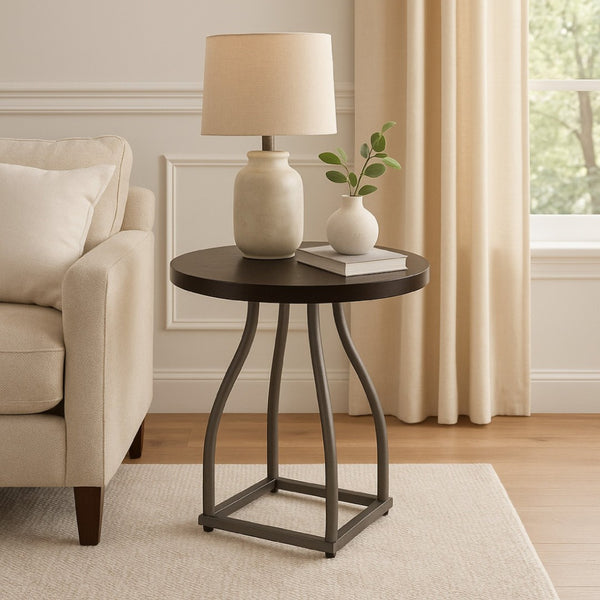English Elm Tior Round Wood Top Accent Side Table with Geometric Gray Metal Base for Living Room Brown Multi B056P416979