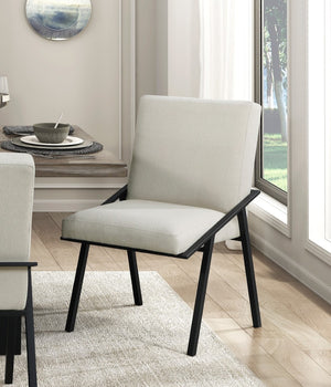 English Elm Modern 5 Piece Dining Set Oak Veneer Table with Cream Upholstered Chairs Black Steel B011S01605