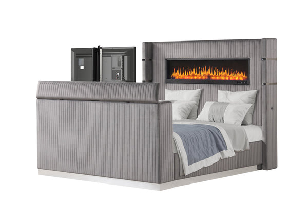 English Elm Lavish King Bed With Integrated Fireplace Headboard & Footboard Tv Stand - Contemporary Grey Design B009S01418