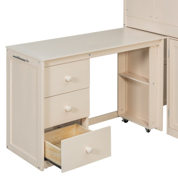 English Elm Twin House Loft Bed with Pull Out Rolling Desk Stair Drawers and Cabinet Storage Beige N820S00072A