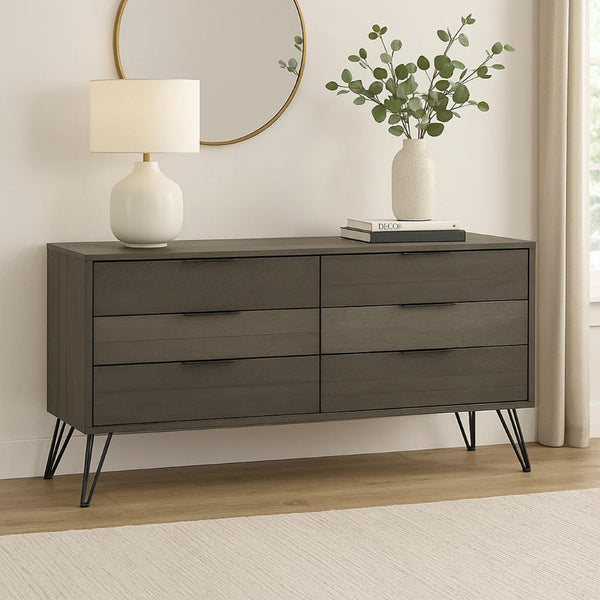 English Elm Contemporary Solid Wood Six Drawer Dresser with Hairpin Legs for Bedroom Storage B056P417104