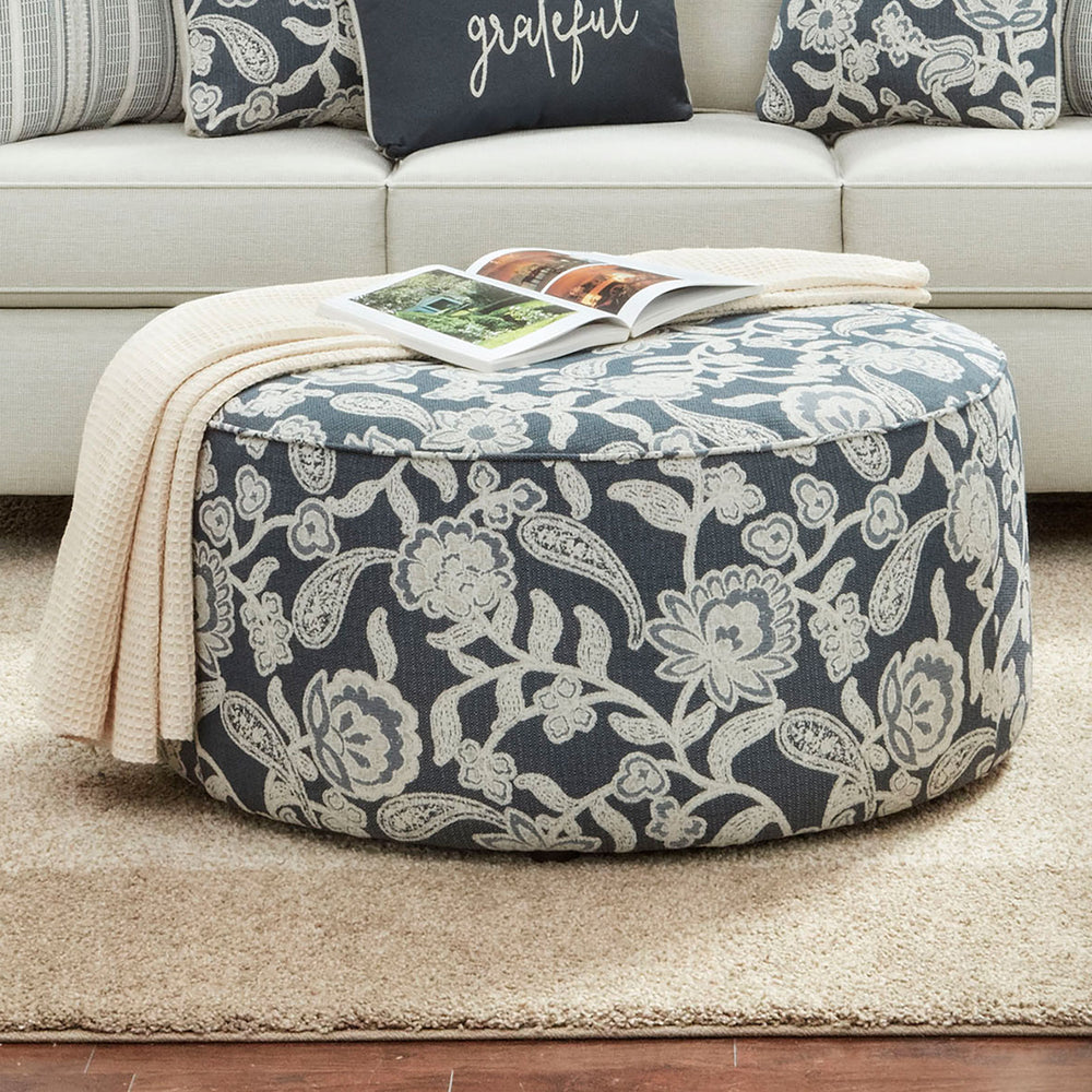 English Elm Floral Navy Vintage Round Ottoman 39"L x39"W x18"H — Two-Tone Floral Upholstery, Cord Trim Comfort B2741P355865