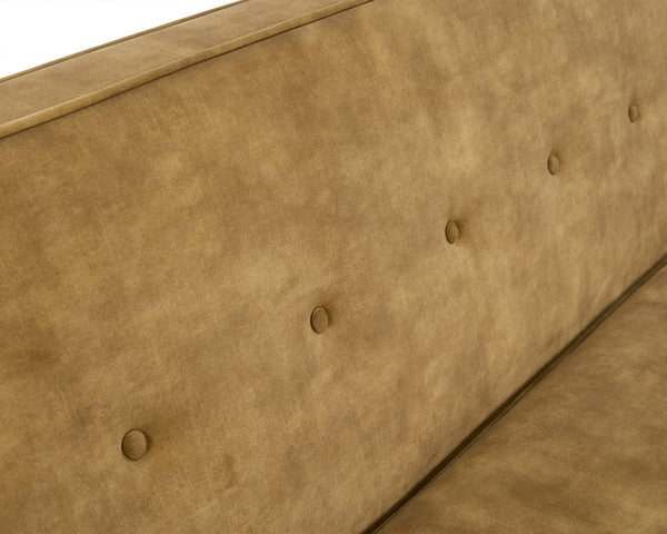 Sunpan Palmyra Sofa - Elegant Mid-Century Design with Spacious Comfort and Dark Brown Rubberwood Legs Nono Tapenade Gold