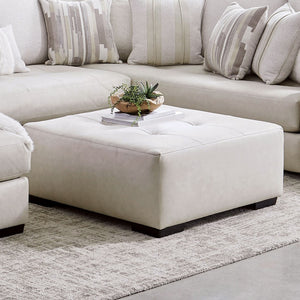 English Elm Transitional Ottoman With Biscuit-Tufting, Ivory Leatherette, And Sturdy Wooden Legs For Versatile Use B2741P355172-GIGA