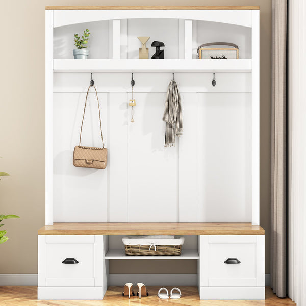 English Elm On-Trend Farmhouse 4-In-1 Hall Tree With Stylish Storage Bench, Hooks, And Adjustable Shelves, White N721S000038K