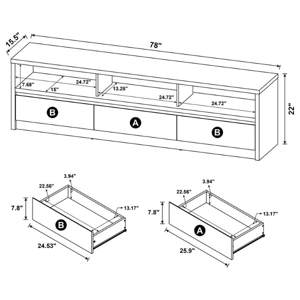 English Elm O'brien Matte Black 78 Inch Media Console with Three Drawers and Wire Management B062P451722