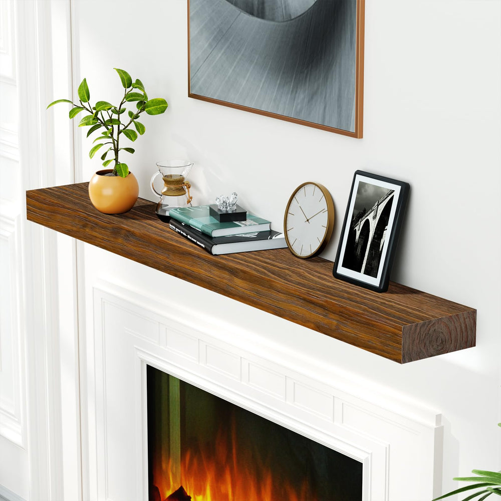 English Elm Fireplace Mantel, 72" Handcrafted Floating Shelf In Dark Chocolate - Rustic Wall Display For Decor T3210P391501