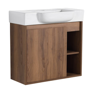 English Elm 24'' Wall-Mounted Bathroom Vanity with White Ceramic Sink, Soft-Close Door, Open Shelves, Moisture-Resistant Finish W999P263406