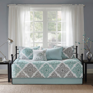 English Elm 6 Piece Reversible Daybed Cover Set Madison Park Claire Botanical Quilted Twin Cover with Shams and Decorative Pillow Aqua 15.75 L x 17.72 W x 8.27 H B035129018