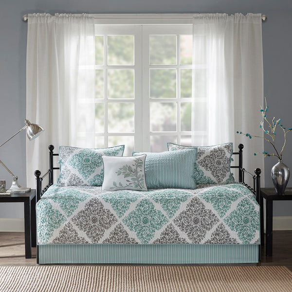 English Elm 6 Piece Reversible Daybed Cover Set Madison Park Claire Botanical Quilted Twin Cover with Shams and Decorative Pillow Aqua 15.75 L x 17.72 W x 8.27 H B035129018