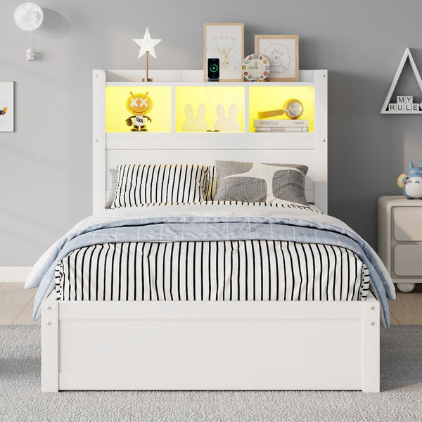 English Elm Twin Wood Storage Bed with Led Headboard Drawers and Pull Out Cabinet for Kids White W2593S00048