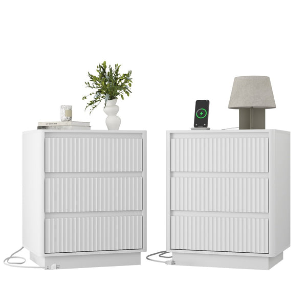 English Elm (set Set of 2 Modern End Tables with Usb-c Charging and Three Drawer Storage for Any Room White W409P414472