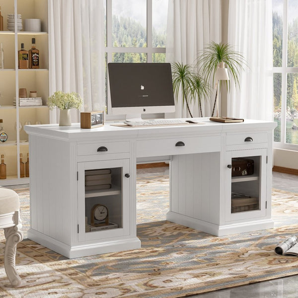 English Elm 67" White Executive Desk with Cabinet Storage Drawers and Usb Ports for Home Office N751S415499K