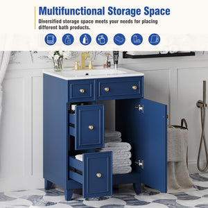English Elm 24-Inch Bathroom Vanity Cabinet with Ceramic Sink, Space-Saving Storage, Solid Wood Feet, Durable Finish Blue WF532034AAC