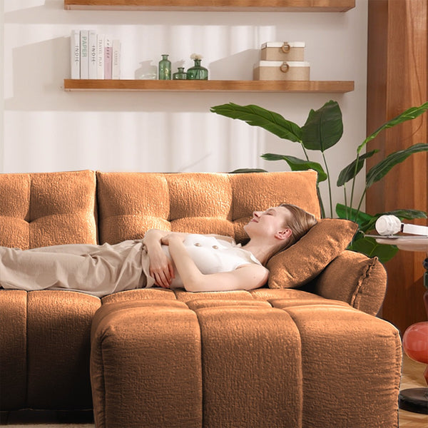 English Elm 3-Seater Sofa In Burnt Orange With 2 Pillows - Textured Chenille, Solid Wood Frame, Modular Design W714S01172