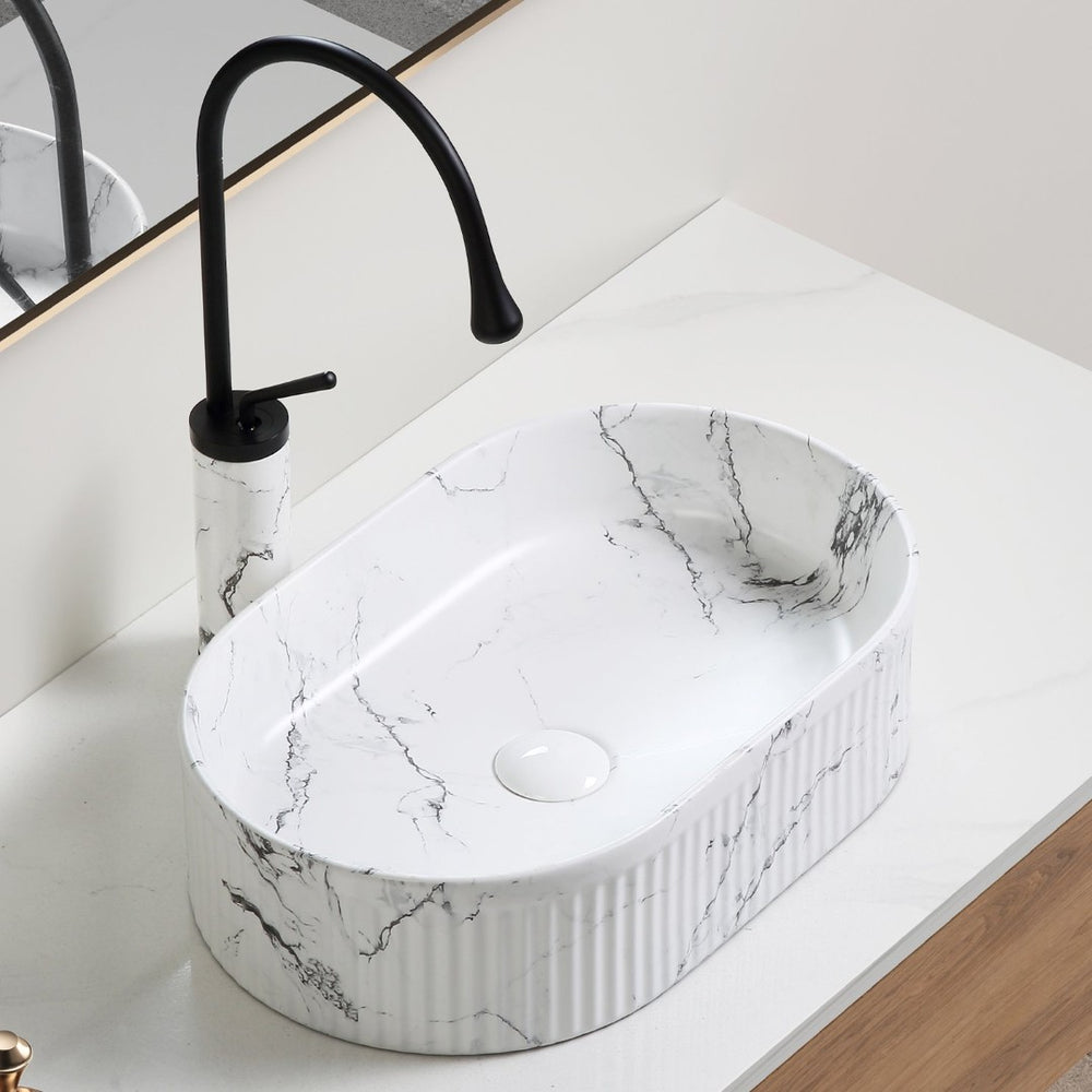 English Elm Oval Porcelain Vessel Sink Bold Marble Art Pattern Above Counter Vanity Basin W3402P362392