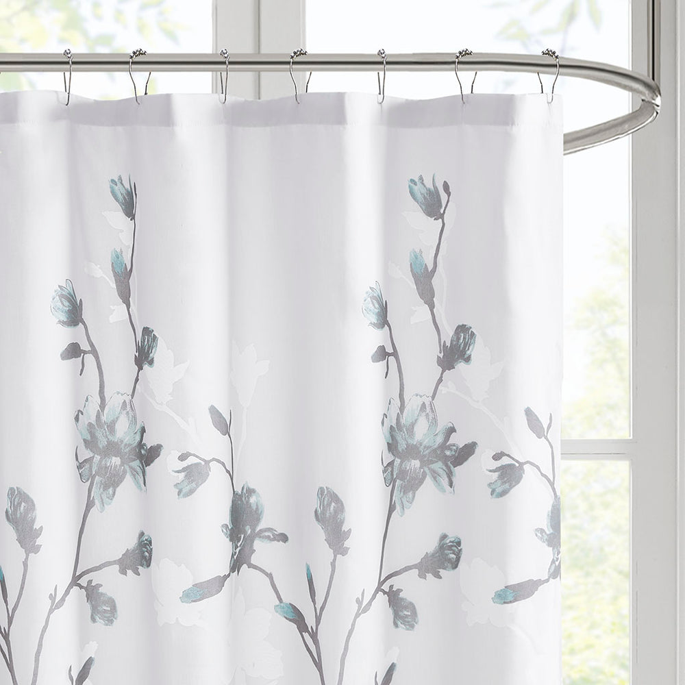 JLA Home Madison Park - Floral Magnolia Burnout Shower Curtain with Attached Microfiber Liner, 72"x72" Aqua Grey Elegance MP70-6421