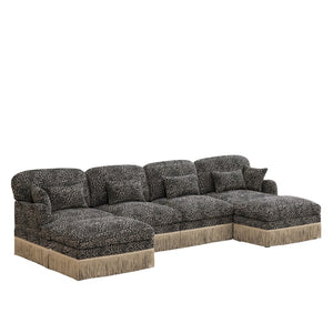English Elm 131"comfy Chenille Leopard Print U-shaped Sectional with Tassel Trim and Modular Ottomans Khaki W5656S00027