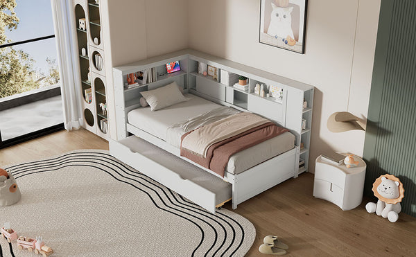 English Elm Twin Daybed with Built-In Shelves, USB Port & Trundle — Solid Pine Frame, Sturdy Storage and Smooth Wheels for Space-Saving Sleep Solutions White GX000467AAK