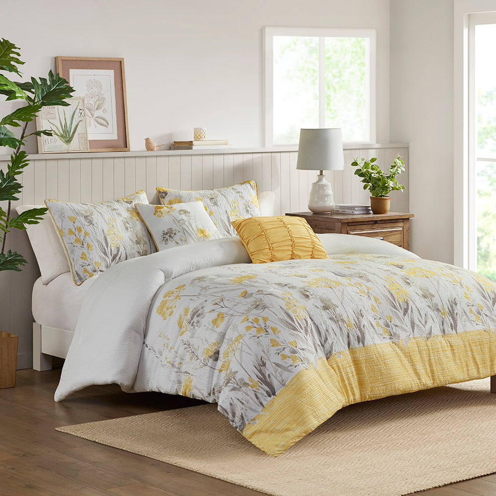 JLA Home Madison Park - 5 Seersucker Comforter Set with Floral Embroidery, Yellow Border Accent, Hypoallergenic Soft Texture 90 L x 90 W x 1.5H MP10-8359