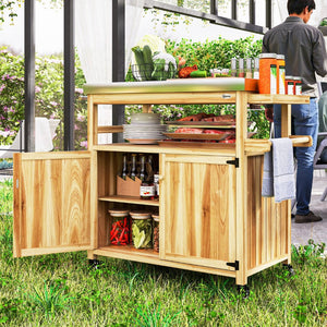 English Elm Outsunny Outdoor Kitchen Cart Solid Wood Steel Top Cabinets Spice Rack on Wheels W2225P485588