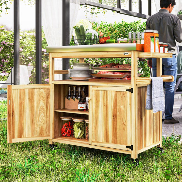 English Elm Outsunny Outdoor Kitchen Cart Solid Wood Steel Top Cabinets Spice Rack on Wheels W2225P485588